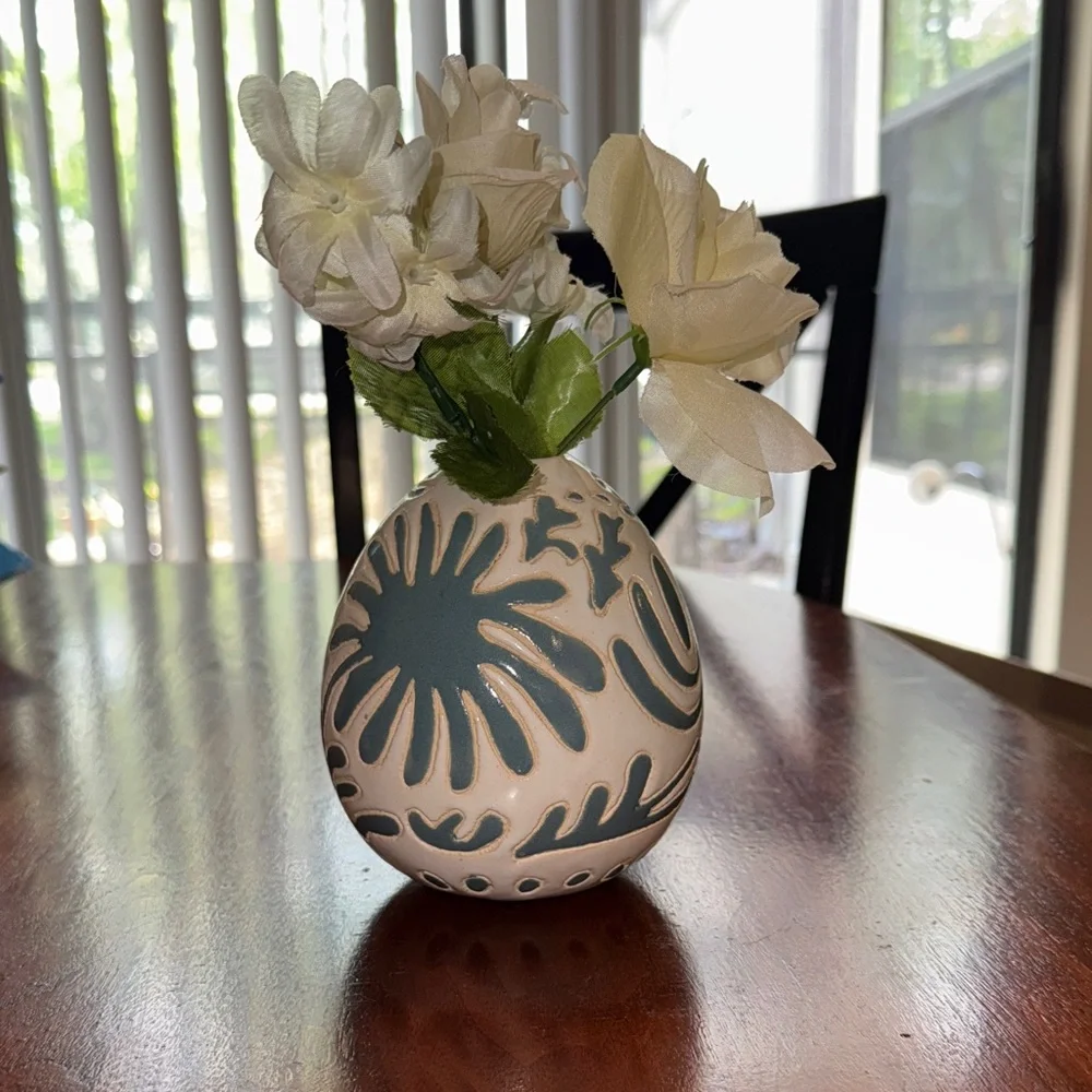 Abstract Ceramic Vase with Blue Accents
